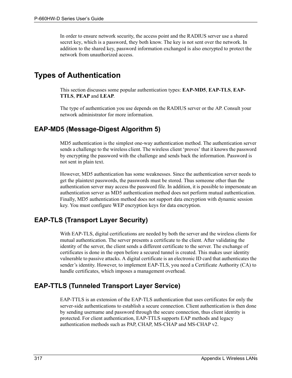Types of authentication | ZyXEL Communications P-660HW-D Series User Manual | Page 318 / 339