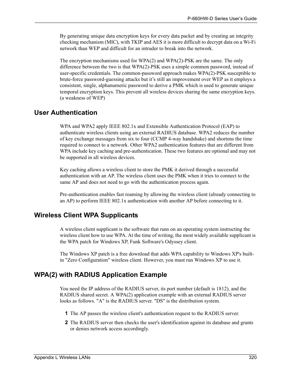 User authentication, Wireless client wpa supplicants, Wpa(2) with radius application example | ZyXEL Communications P-660HW-D Series User Manual | Page 321 / 339