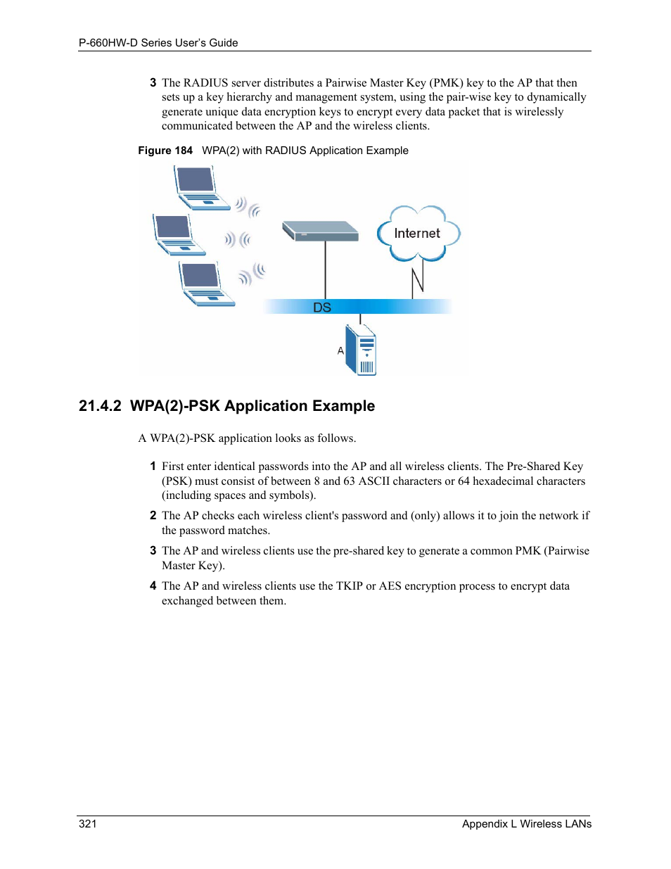 2 wpa(2)-psk application example, Figure 184 wpa(2) with radius application example | ZyXEL Communications P-660HW-D Series User Manual | Page 322 / 339