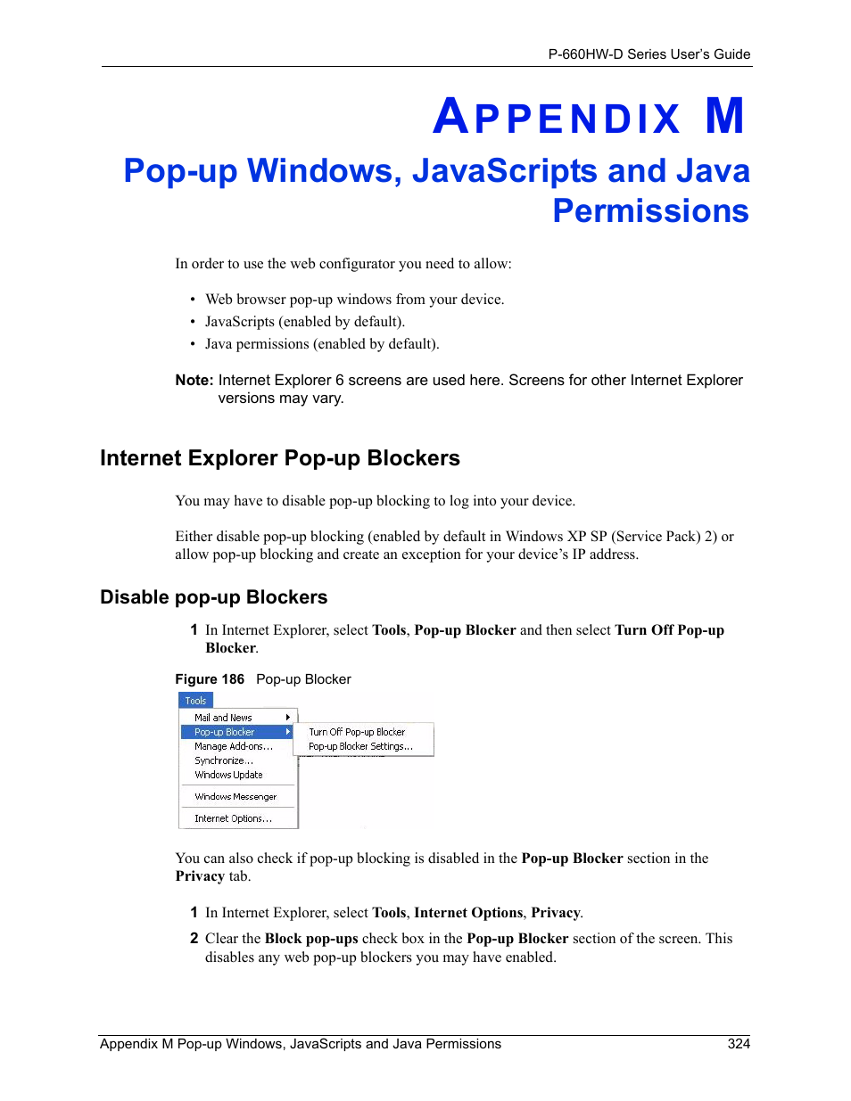 Internet explorer pop-up blockers, Figure 186 pop-up blocker, Pop-up windows, javascripts and java permissions | ZyXEL Communications P-660HW-D Series User Manual | Page 325 / 339