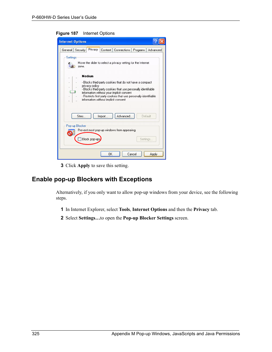 Figure 187 internet options, Enable pop-up blockers with exceptions | ZyXEL Communications P-660HW-D Series User Manual | Page 326 / 339
