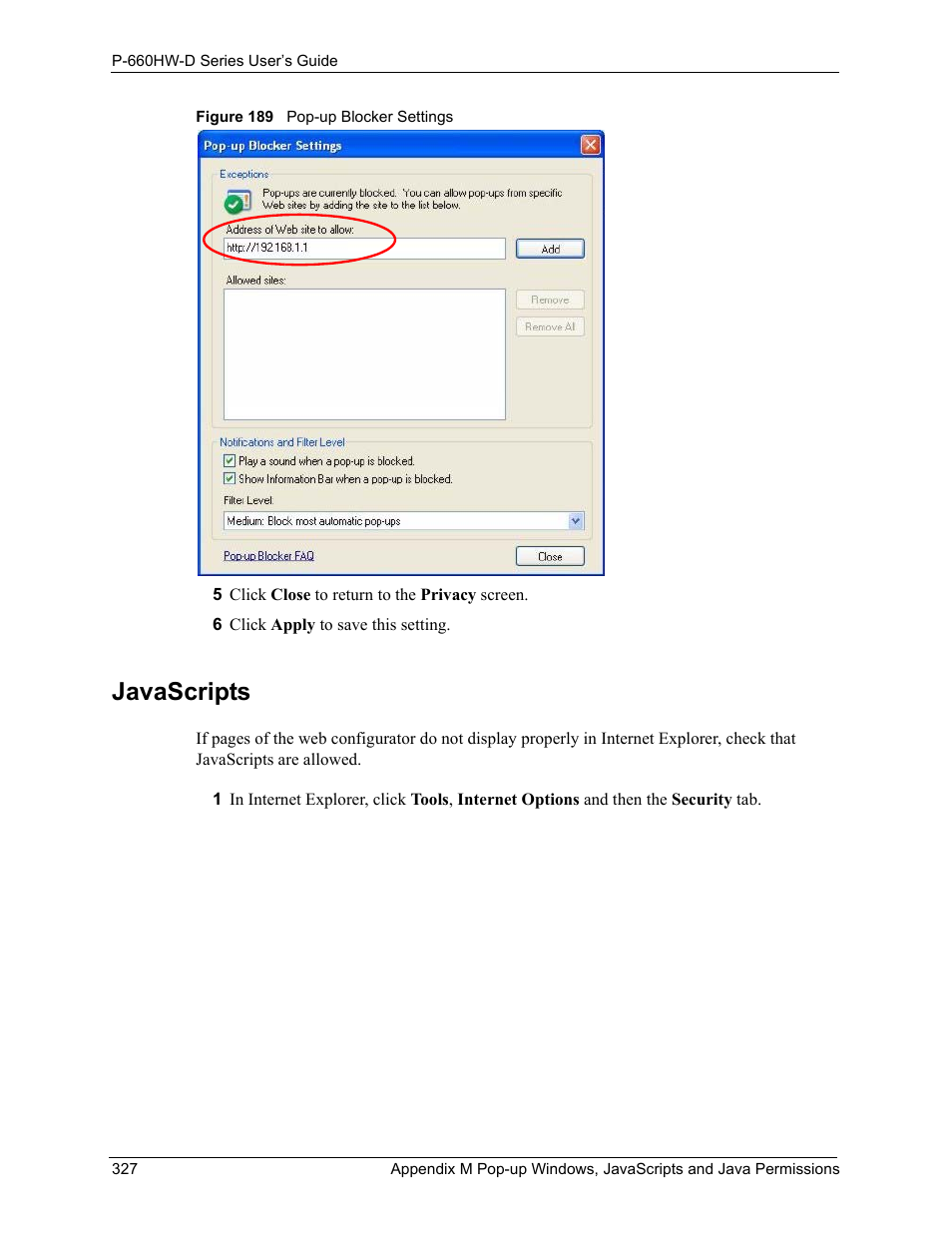 Javascripts, Figure 189 pop-up blocker settings | ZyXEL Communications P-660HW-D Series User Manual | Page 328 / 339