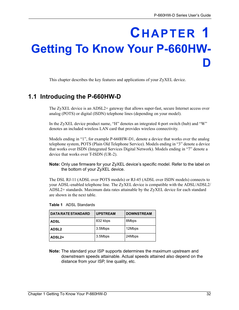 Getting to know your p-660hw- d, 1 introducing the p-660hw-d, Chapter 1 getting to know your p-660hw-d | Table 1 adsl standards | ZyXEL Communications P-660HW-D Series User Manual | Page 33 / 339