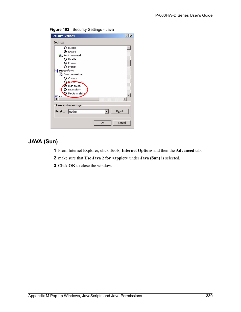 Figure 192 security settings - java, Java (sun) | ZyXEL Communications P-660HW-D Series User Manual | Page 331 / 339
