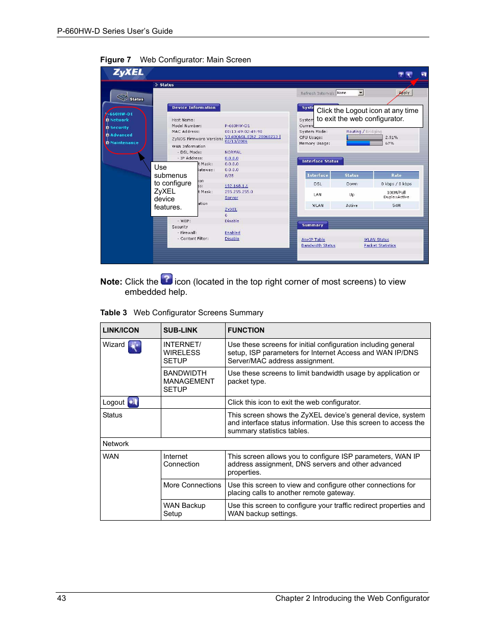 Figure 7 web configurator: main screen, Table 3 web configurator screens summary | ZyXEL Communications P-660HW-D Series User Manual | Page 44 / 339