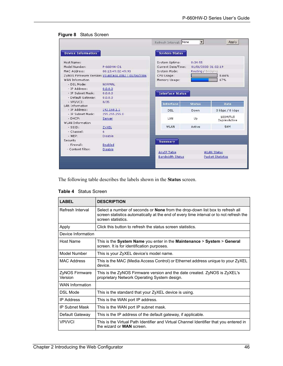 Figure 8 status screen, Table 4 status screen | ZyXEL Communications P-660HW-D Series User Manual | Page 47 / 339