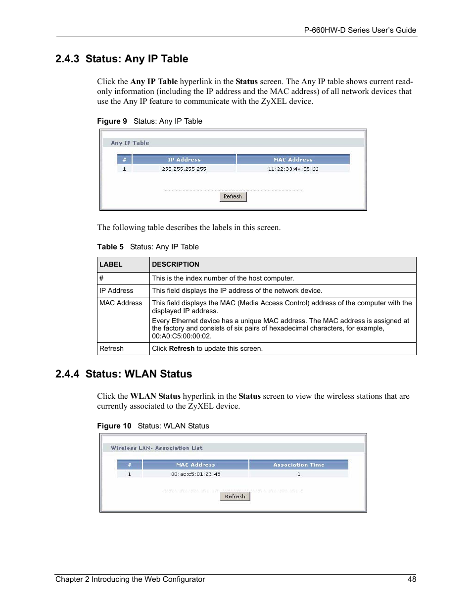 3 status: any ip table, 4 status: wlan status, 3 status: any ip table 2.4.4 status: wlan status | Figure 9 status: any ip table, Table 5 status: any ip table | ZyXEL Communications P-660HW-D Series User Manual | Page 49 / 339