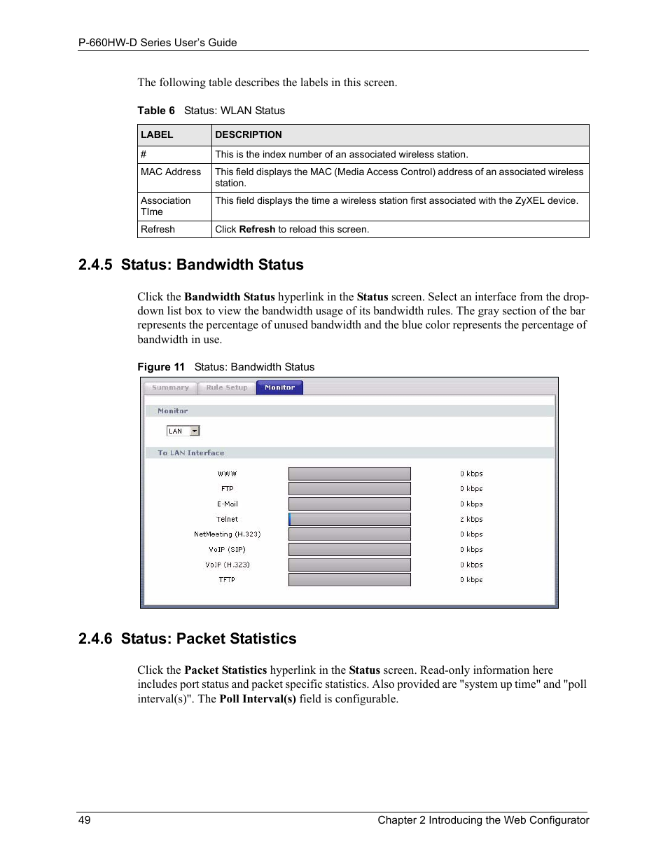 5 status: bandwidth status, Table 6 status: wlan status, 6 status: packet statistics | ZyXEL Communications P-660HW-D Series User Manual | Page 50 / 339