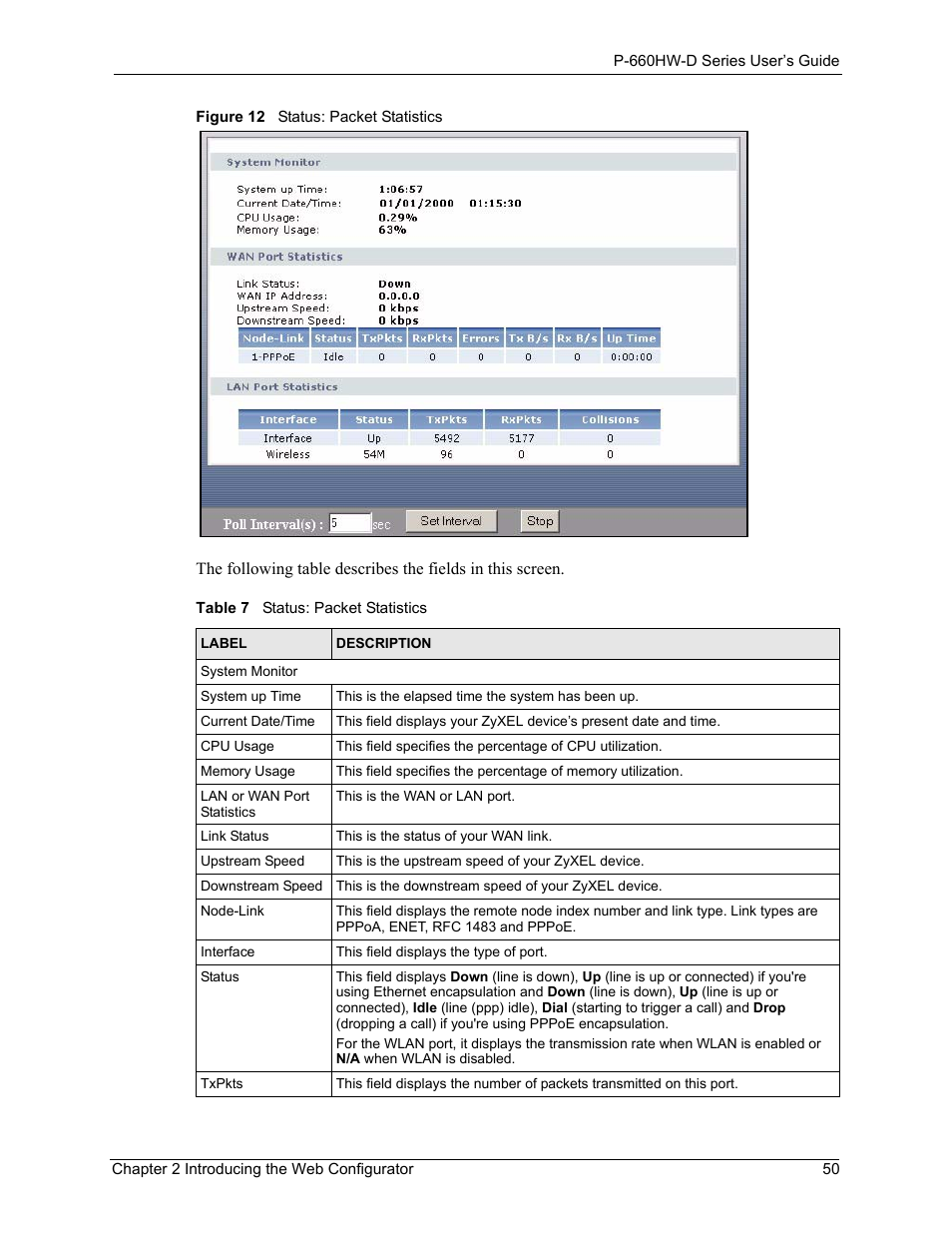 6 status: packet statistics, Figure 12 status: packet statistics, Table 7 status: packet statistics | ZyXEL Communications P-660HW-D Series User Manual | Page 51 / 339