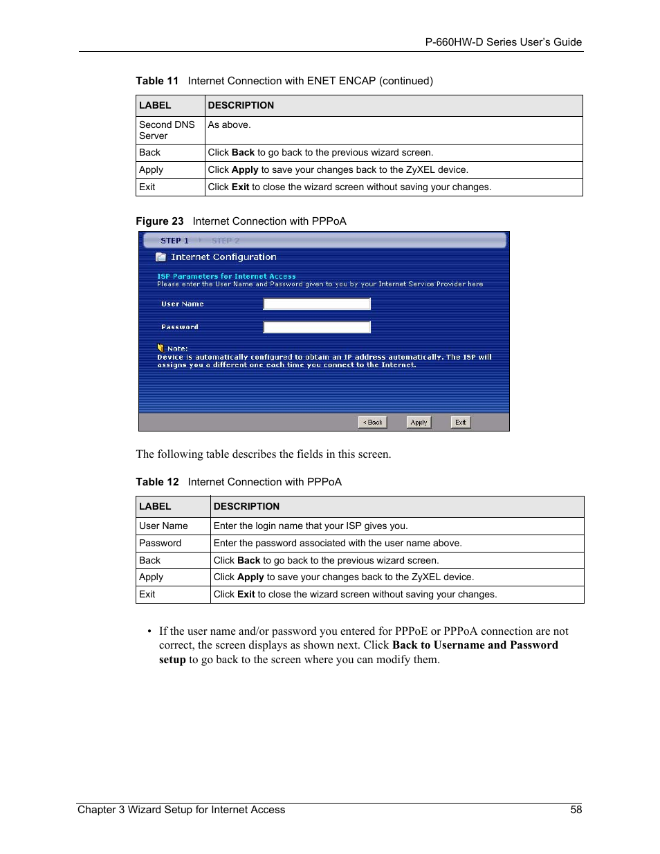 Table 9 internet connection with pppoe | ZyXEL Communications P-660HW-D Series User Manual | Page 59 / 339