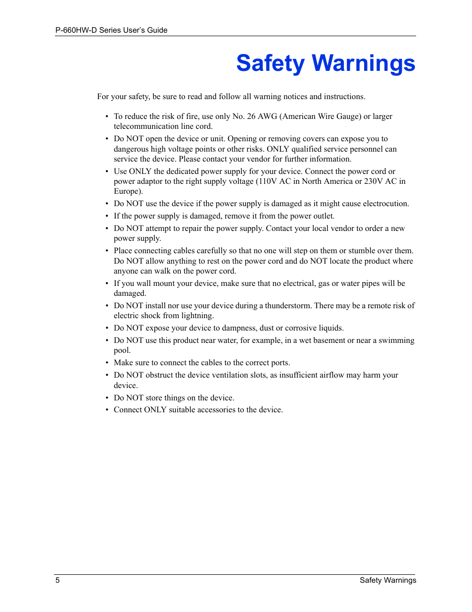 Safety warnings | ZyXEL Communications P-660HW-D Series User Manual | Page 6 / 339