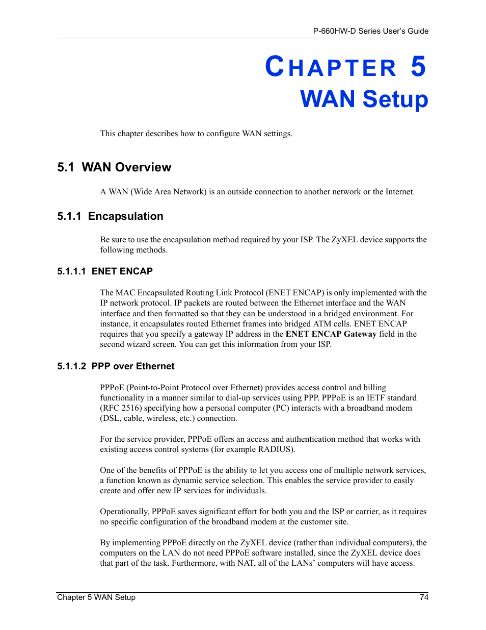 Wan setup, 1 wan overview, 1 encapsulation | 1 enet encap, 2 ppp over ethernet, Chapter 5 wan setup, 1 enet encap 5.1.1.2 ppp over ethernet | ZyXEL Communications P-660HW-D Series User Manual | Page 75 / 339