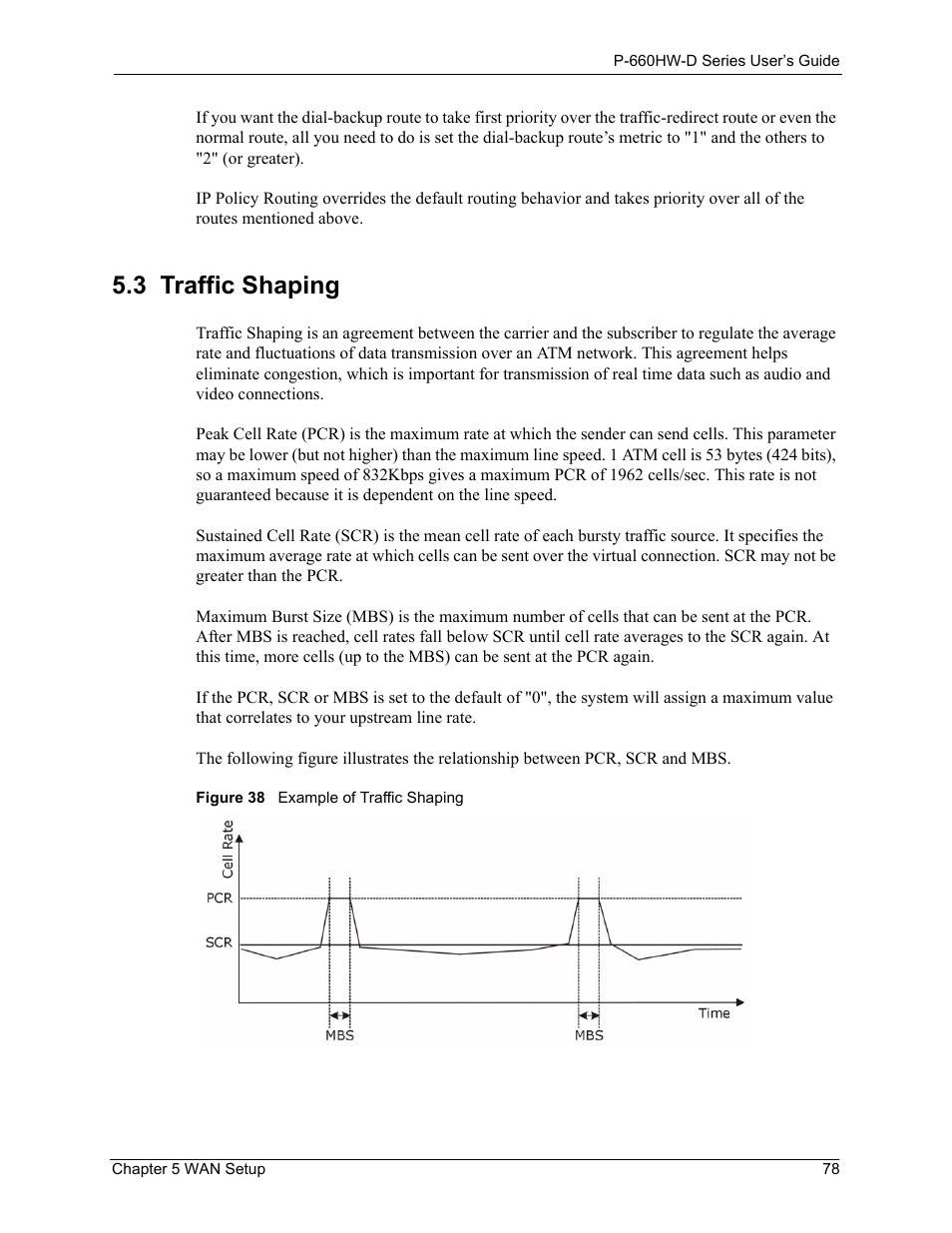3 traffic shaping, Figure 38 example of traffic shaping | ZyXEL Communications P-660HW-D Series User Manual | Page 79 / 339