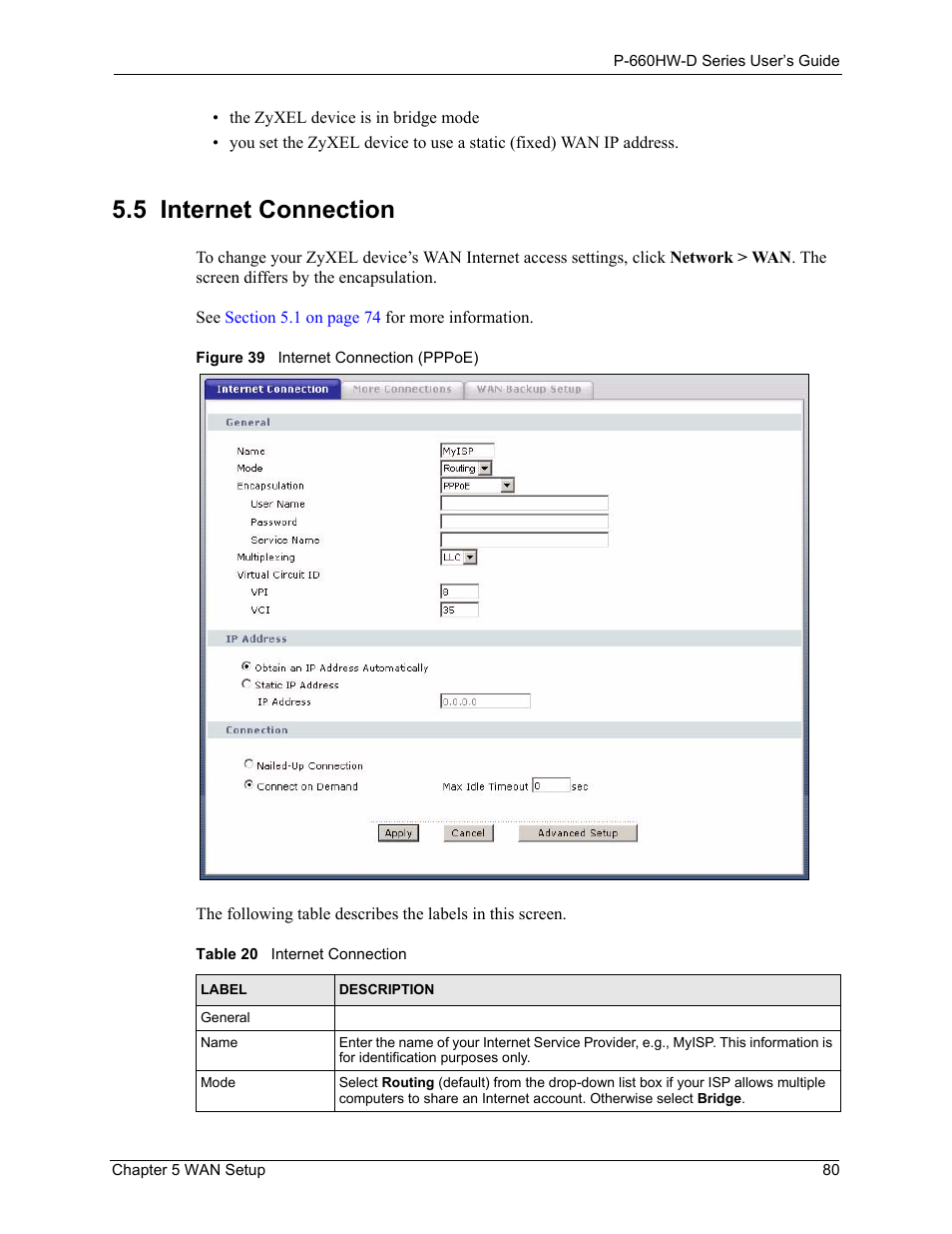 5 internet connection, Figure 39 internet connection (pppoe), Table 20 internet connection | ZyXEL Communications P-660HW-D Series User Manual | Page 81 / 339