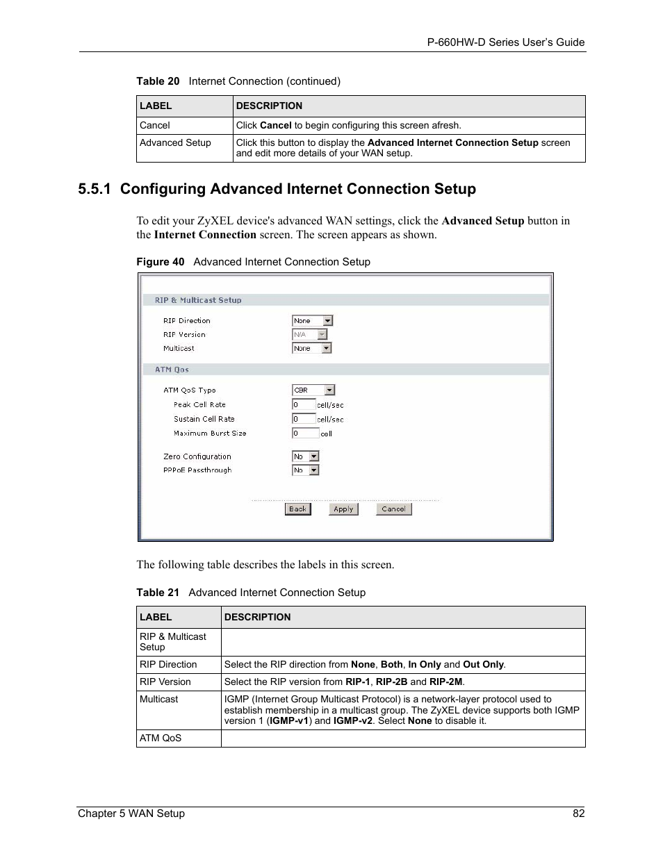 1 configuring advanced internet connection setup, Figure 40 advanced internet connection setup, Table 21 advanced internet connection setup | ZyXEL Communications P-660HW-D Series User Manual | Page 83 / 339