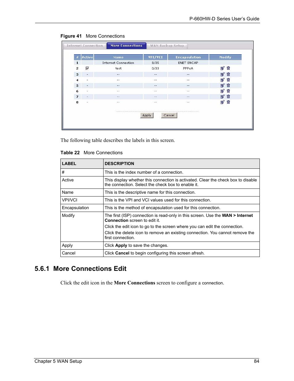 1 more connections edit, Figure 41 more connections, Table 22 more connections | ZyXEL Communications P-660HW-D Series User Manual | Page 85 / 339