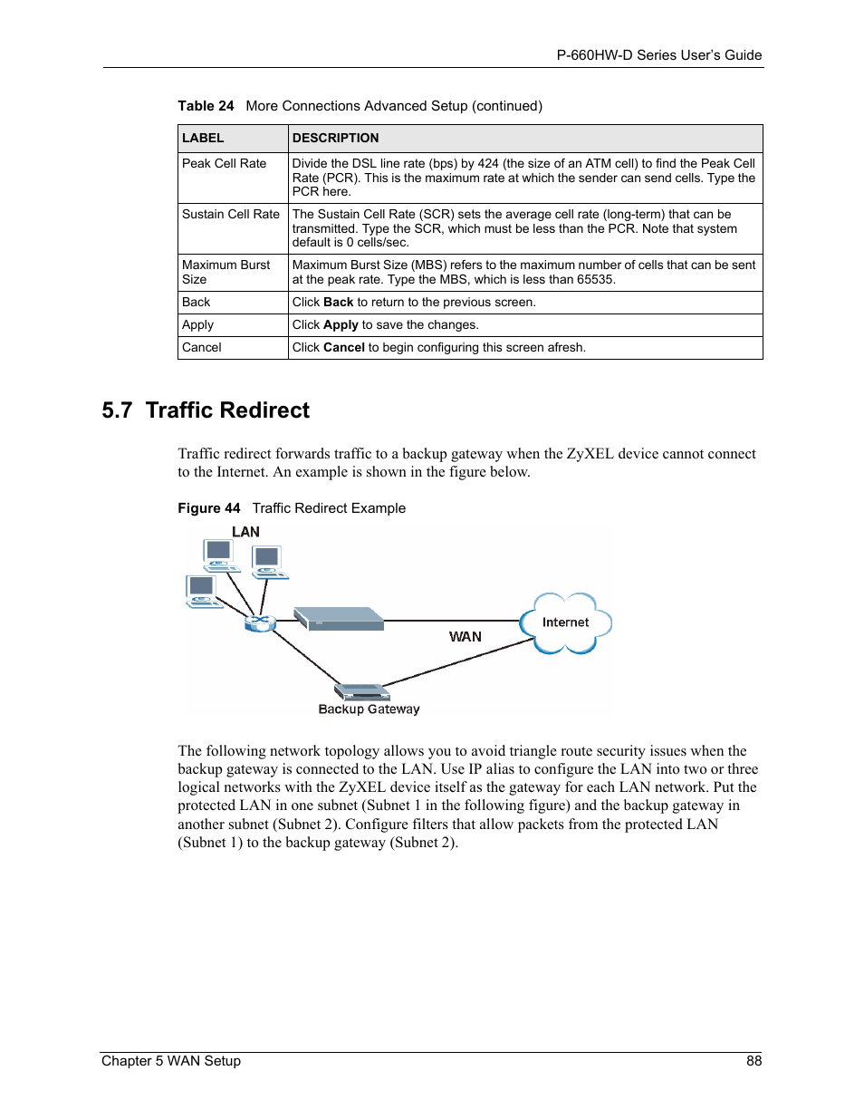 7 traffic redirect, Figure 44 traffic redirect example | ZyXEL Communications P-660HW-D Series User Manual | Page 89 / 339