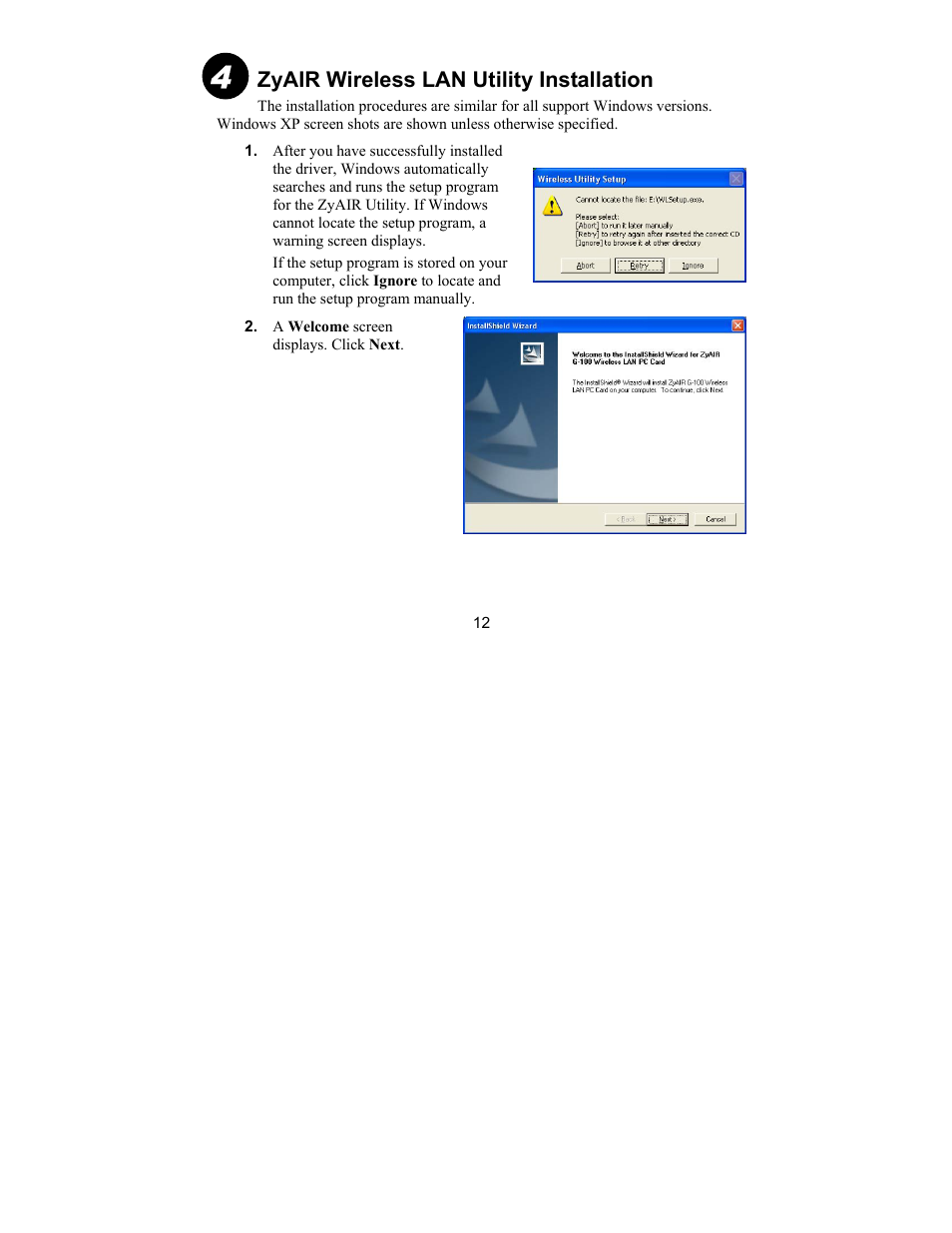 Zyair wireless lan utility installation | ZyXEL Communications G-100 User Manual | Page 12 / 18