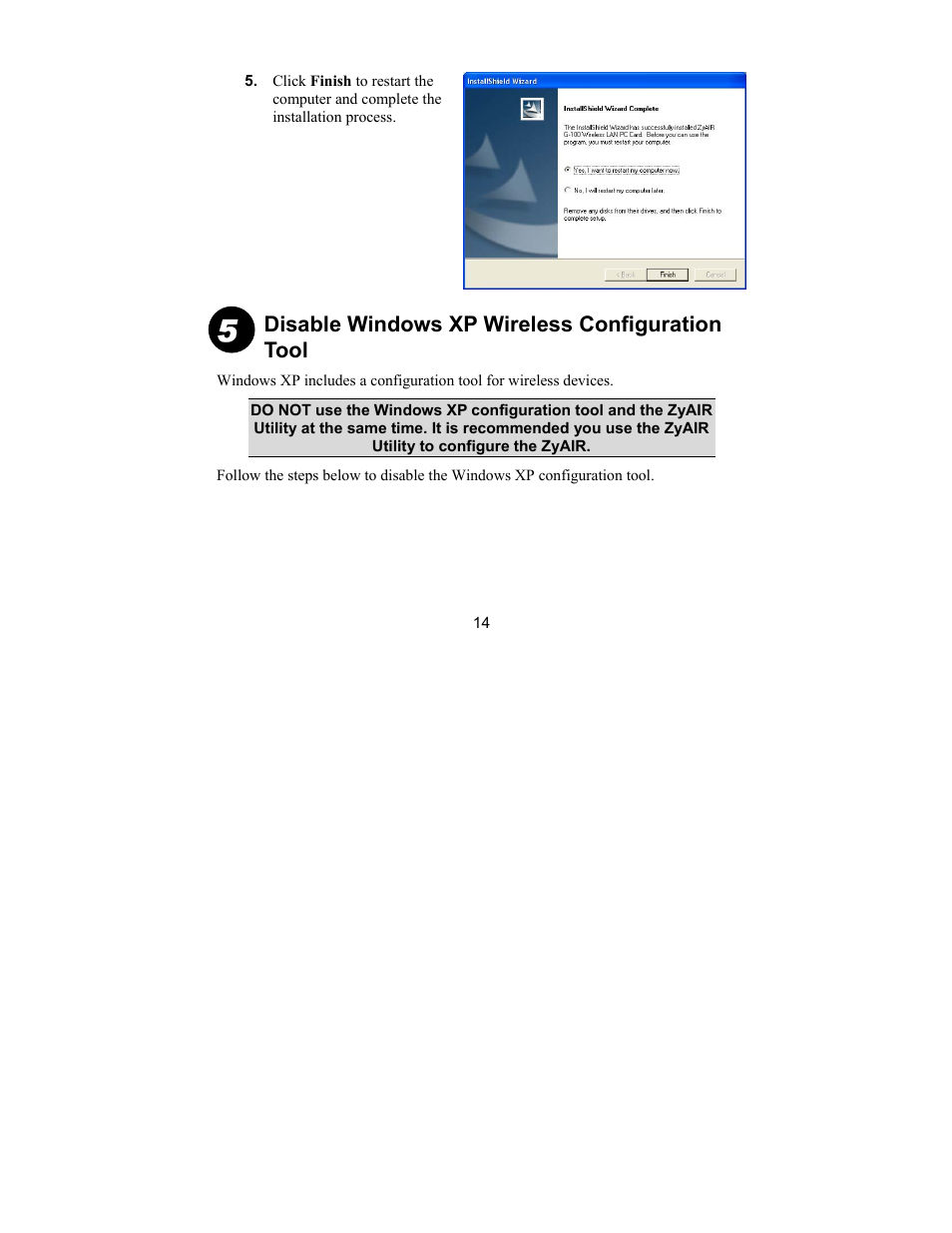 Disable windows xp wireless configuration tool | ZyXEL Communications G-100 User Manual | Page 14 / 18
