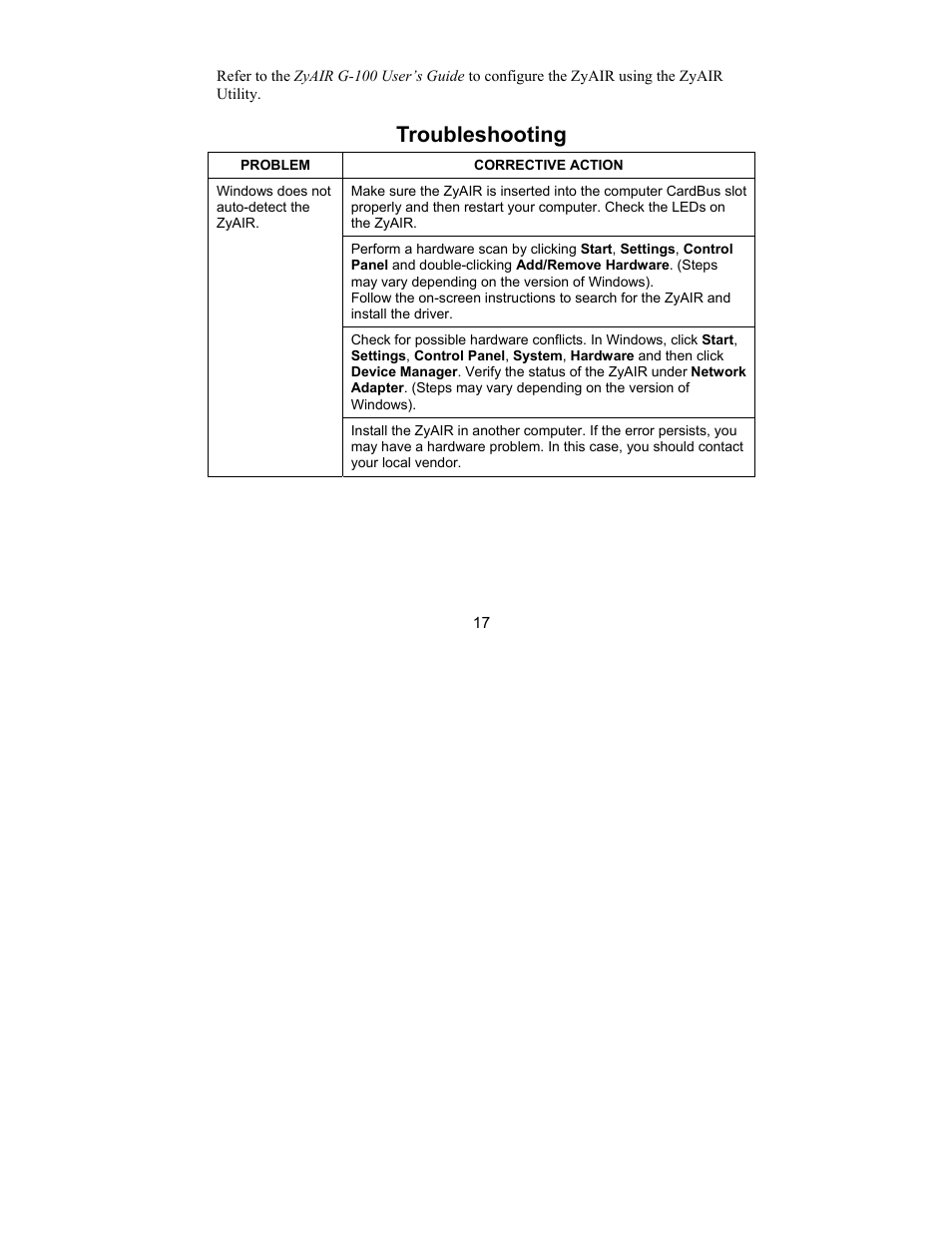 Troubleshooting | ZyXEL Communications G-100 User Manual | Page 17 / 18