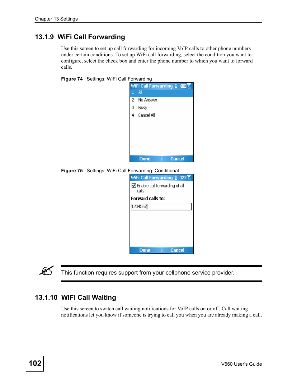 9 wifi call forwarding, 10 wifi call waiting, 9 wifi call forwarding 13.1.10 wifi call waiting | ZyXEL Communications V660 User Manual | Page 102 / 192