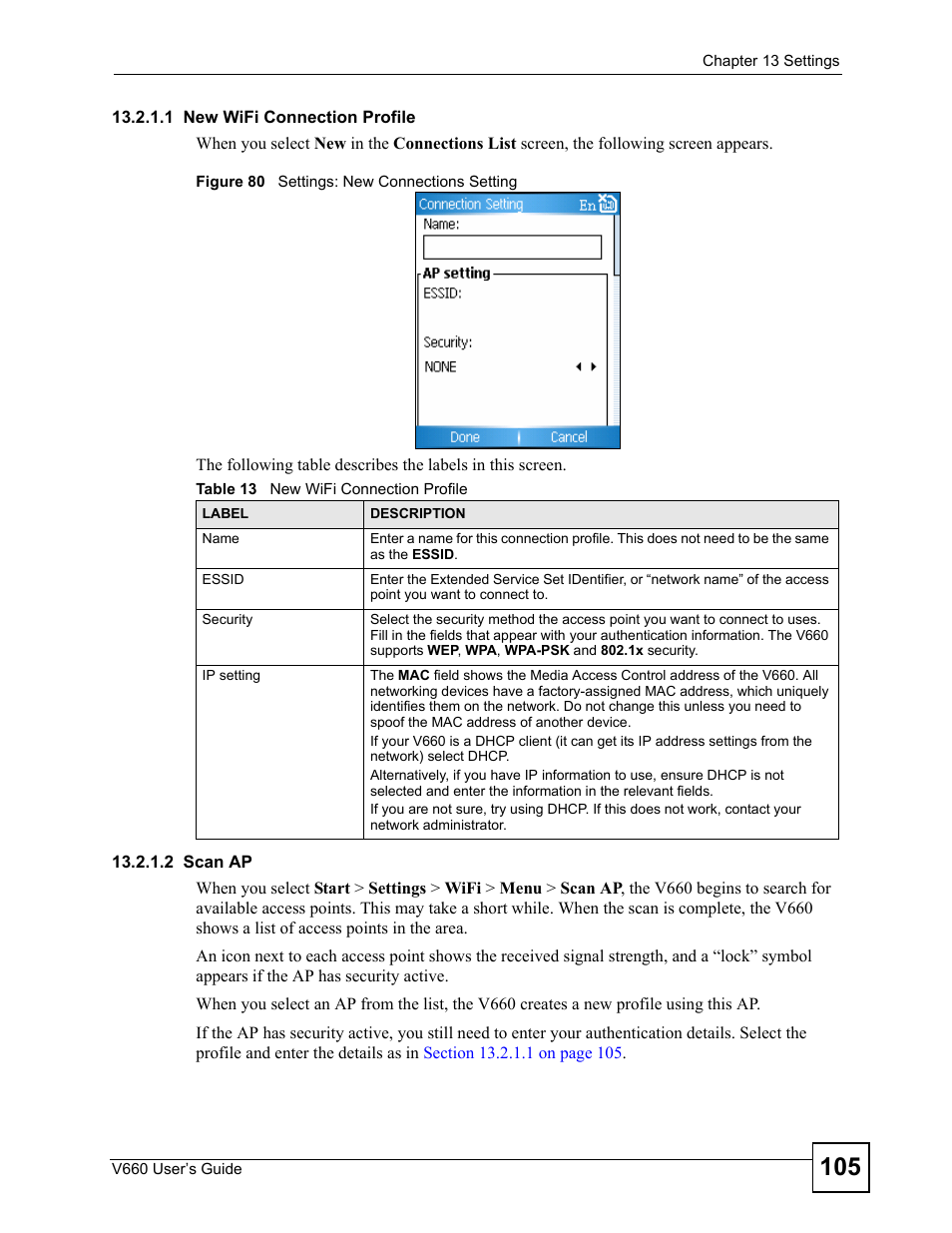 Figure 80 settings: new connections setting, Table 13 new wifi connection profile | ZyXEL Communications V660 User Manual | Page 105 / 192