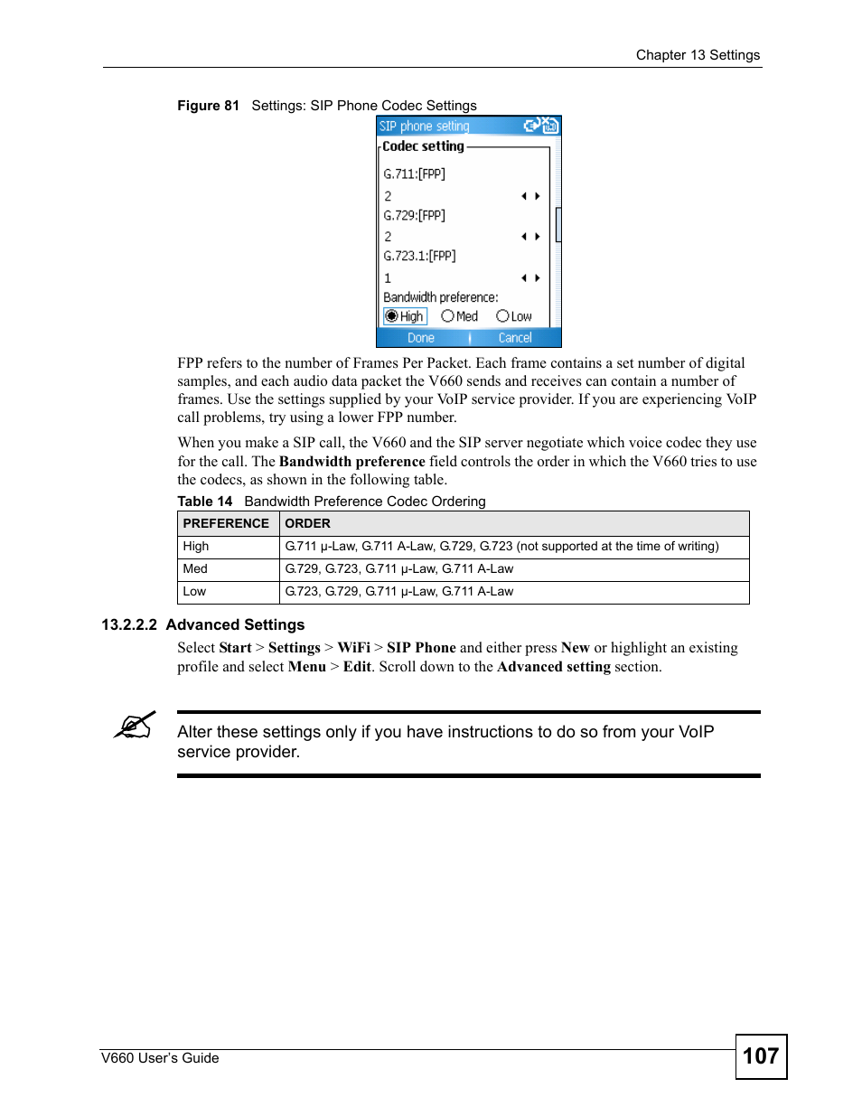 Figure 81 settings: sip phone codec settings, Table 14 bandwidth preference codec ordering | ZyXEL Communications V660 User Manual | Page 107 / 192