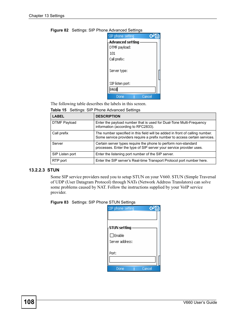 Table 15 settings: sip phone advanced settings | ZyXEL Communications V660 User Manual | Page 108 / 192