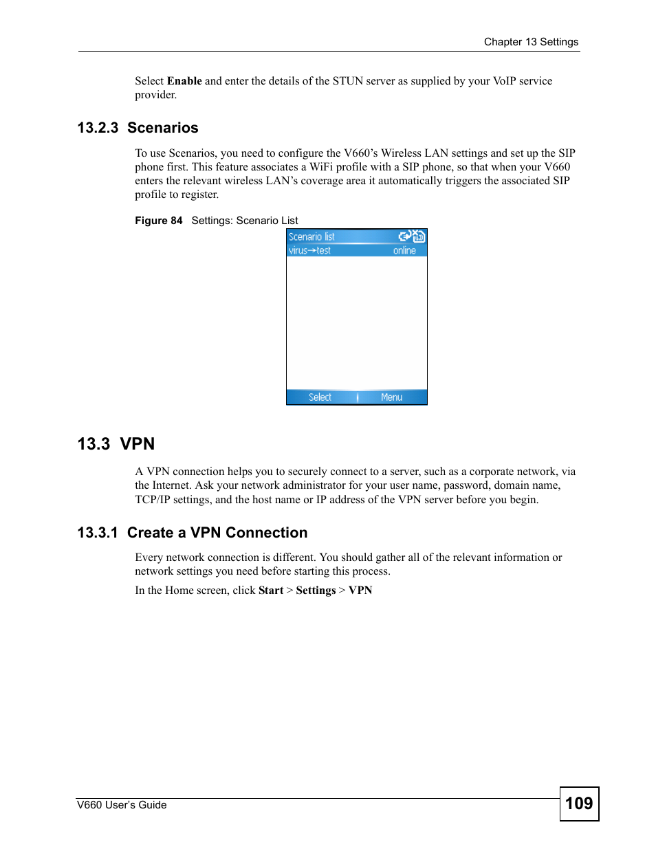 3 scenarios, 3 vpn, 1 create a vpn connection | Figure 84 settings: scenario list | ZyXEL Communications V660 User Manual | Page 109 / 192