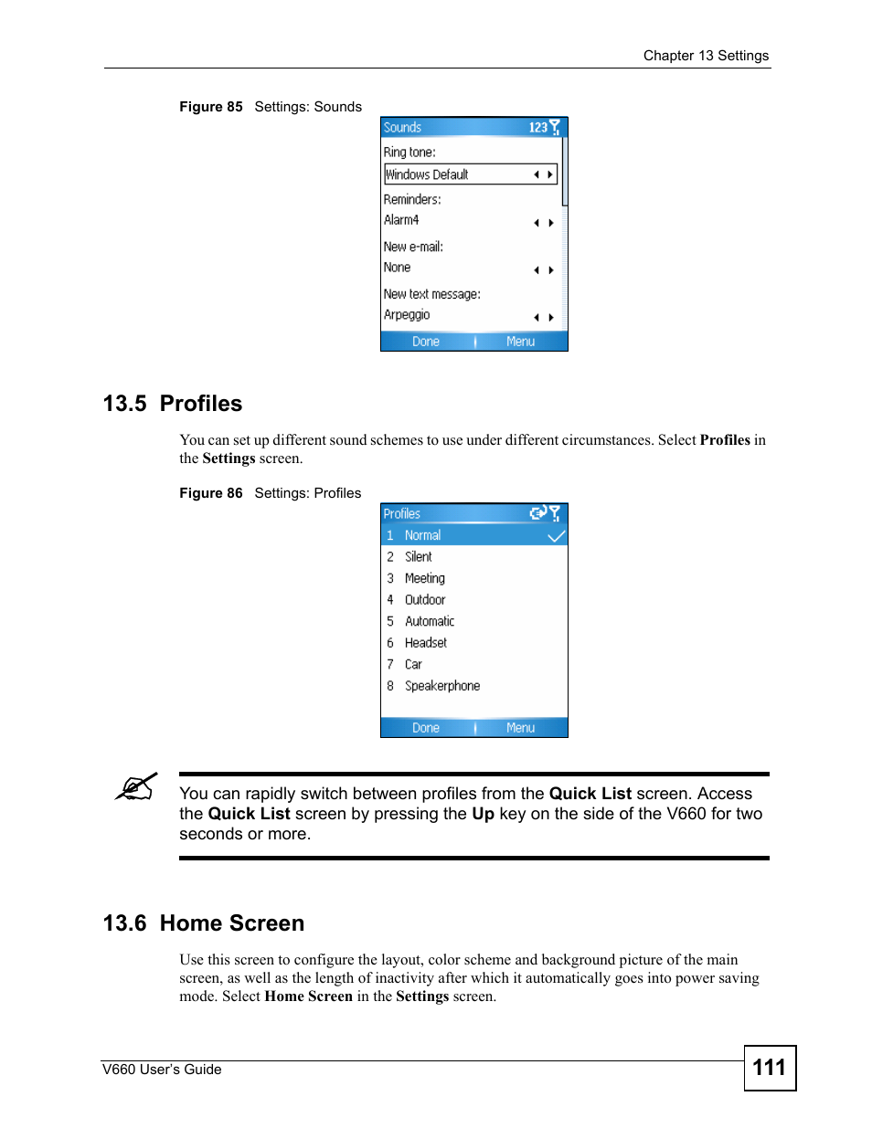 5 profiles, 6 home screen, 5 profiles 13.6 home screen | ZyXEL Communications V660 User Manual | Page 111 / 192