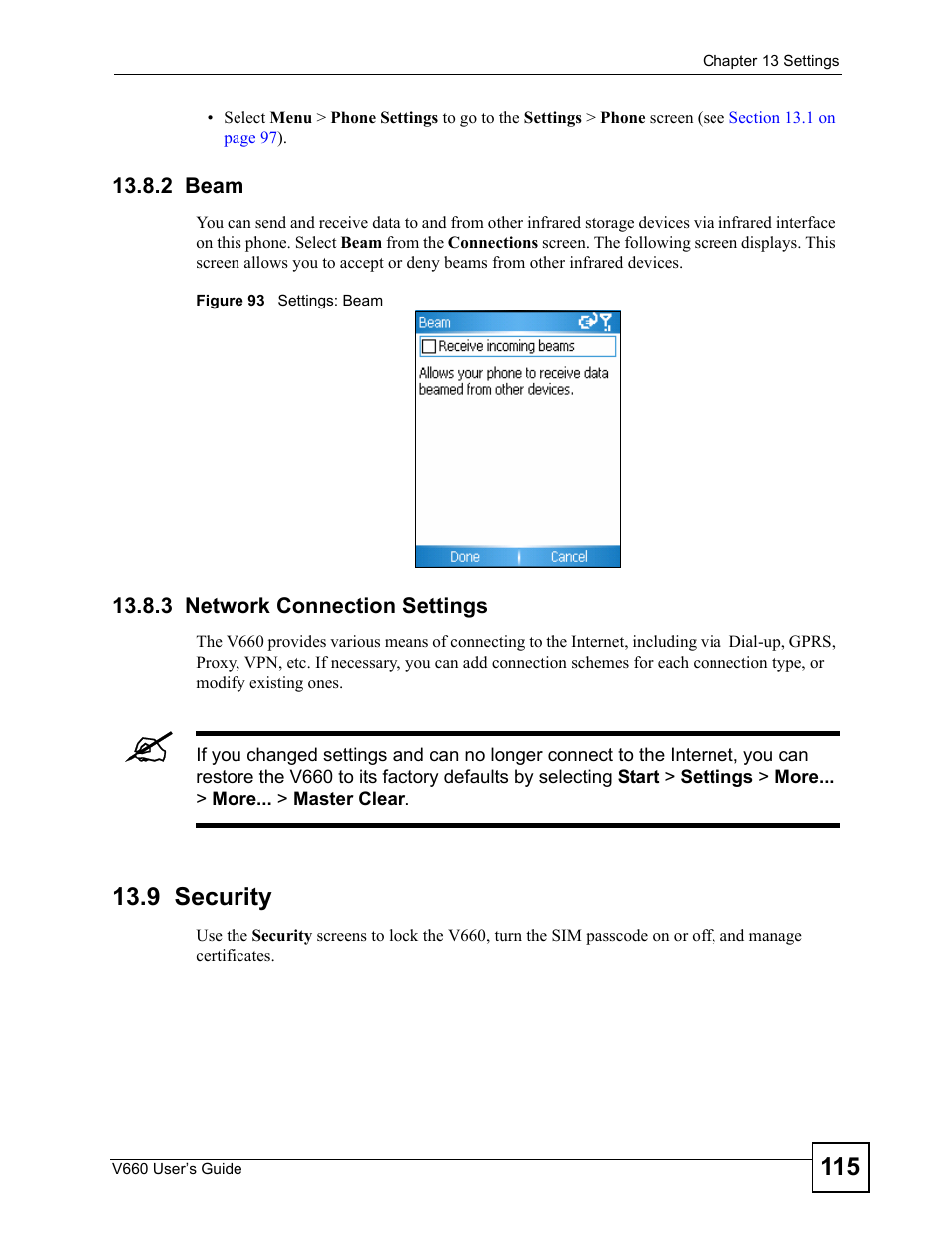 2 beam, 3 network connection settings, 9 security | 2 beam 13.8.3 network connection settings, Figure 93 settings: beam | ZyXEL Communications V660 User Manual | Page 115 / 192