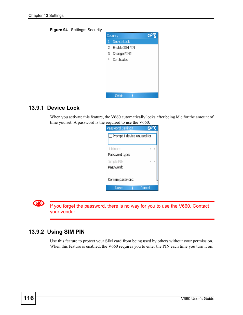 1 device lock, 2 using sim pin, 1 device lock 13.9.2 using sim pin | Figure 94 settings: security | ZyXEL Communications V660 User Manual | Page 116 / 192