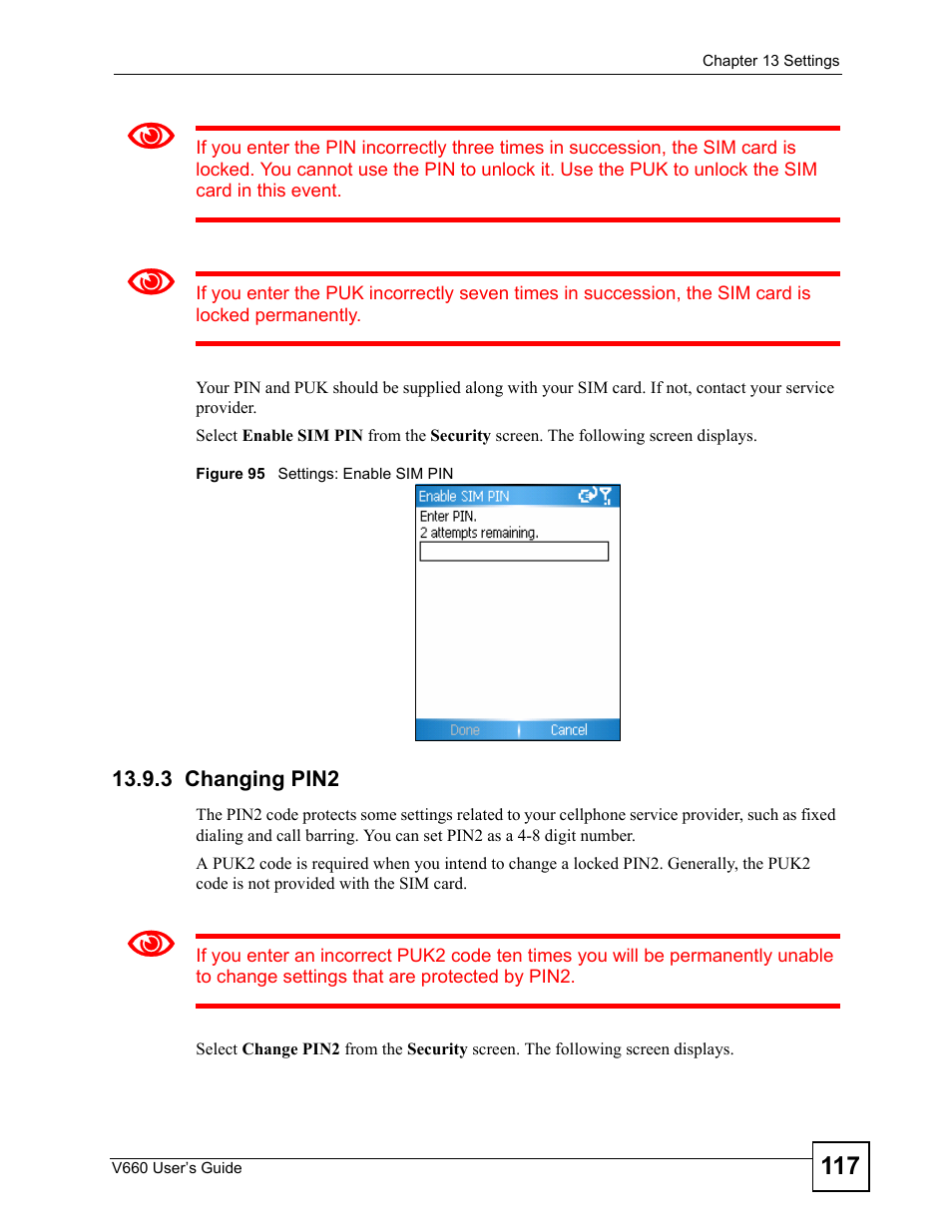 3 changing pin2, Figure 95 settings: enable sim pin | ZyXEL Communications V660 User Manual | Page 117 / 192