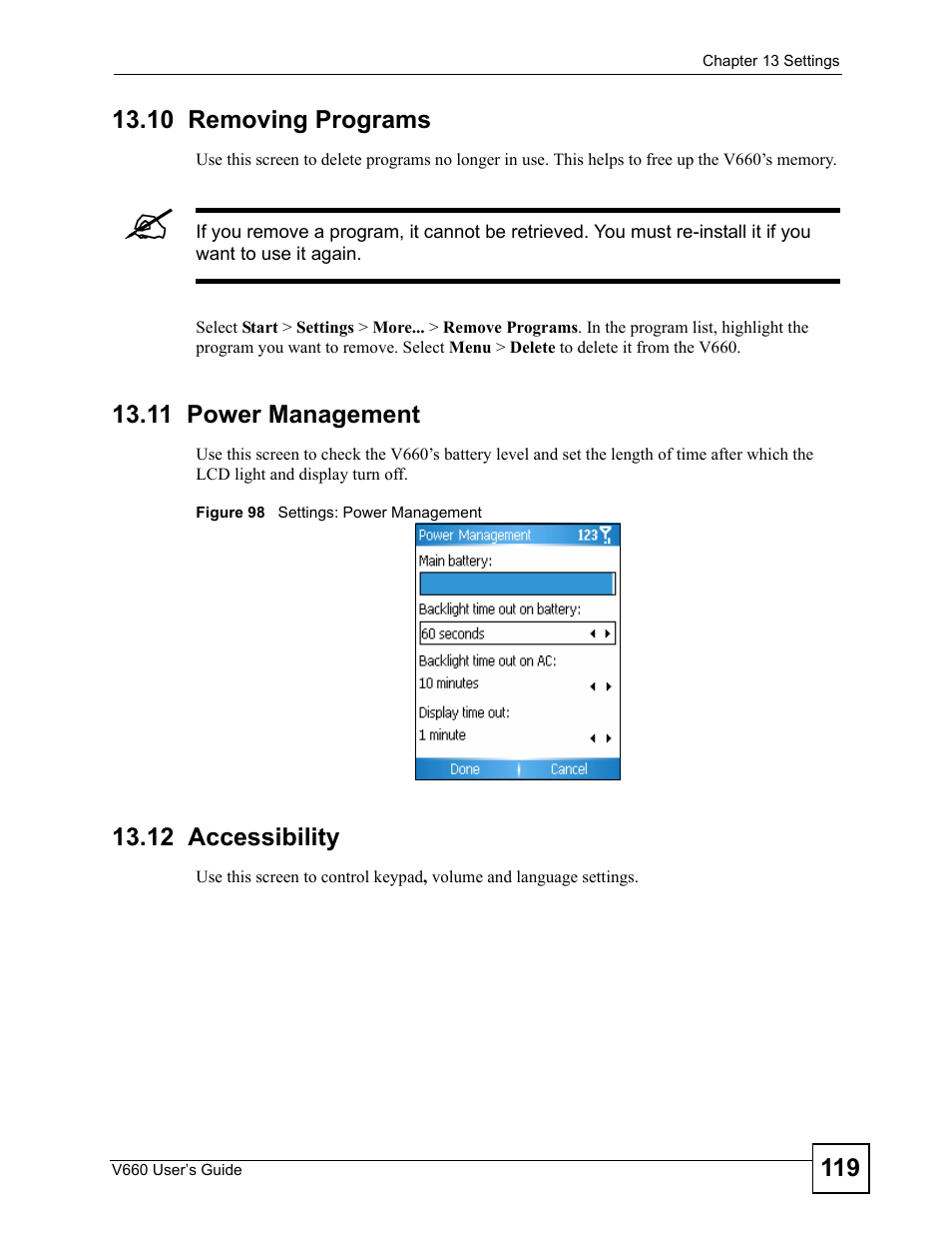 10 removing programs, 11 power management, 12 accessibility | Figure 98 settings: power management | ZyXEL Communications V660 User Manual | Page 119 / 192