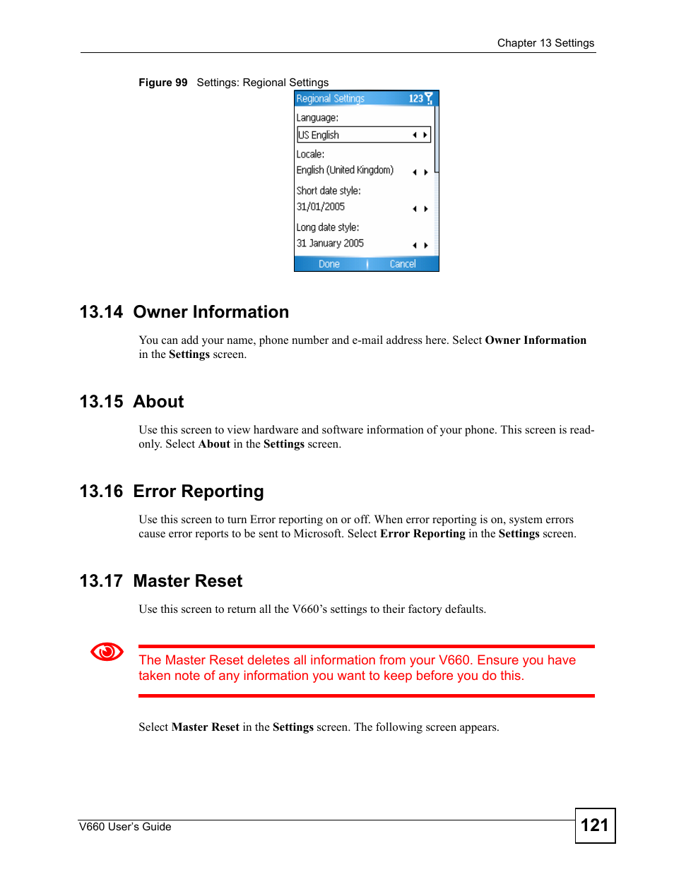 14 owner information, 15 about, 16 error reporting | 17 master reset, Figure 99 settings: regional settings | ZyXEL Communications V660 User Manual | Page 121 / 192