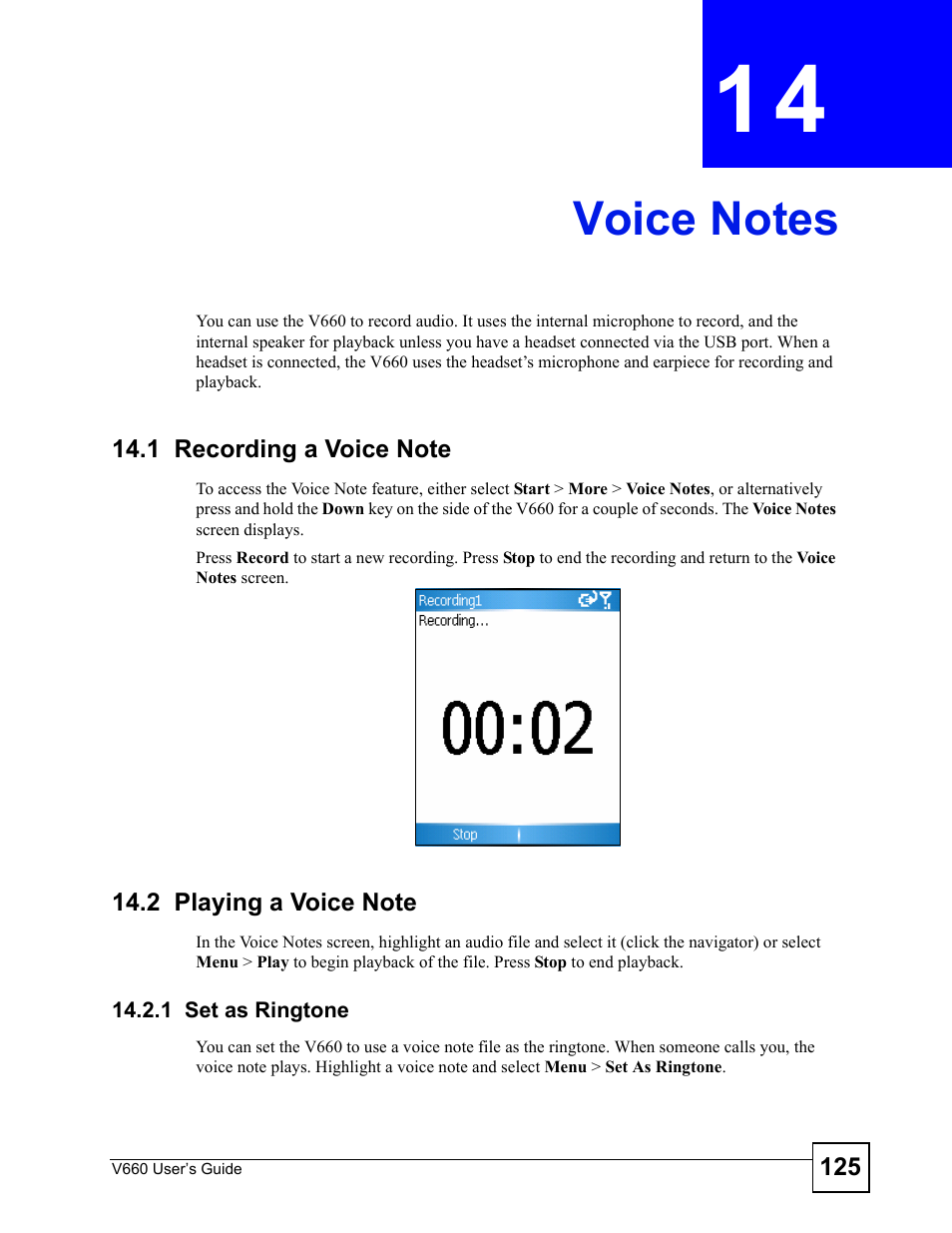 Voice notes, 1 recording a voice note, 2 playing a voice note | 1 set as ringtone, Chapter 14 voice notes, 1 recording a voice note 14.2 playing a voice note | ZyXEL Communications V660 User Manual | Page 125 / 192