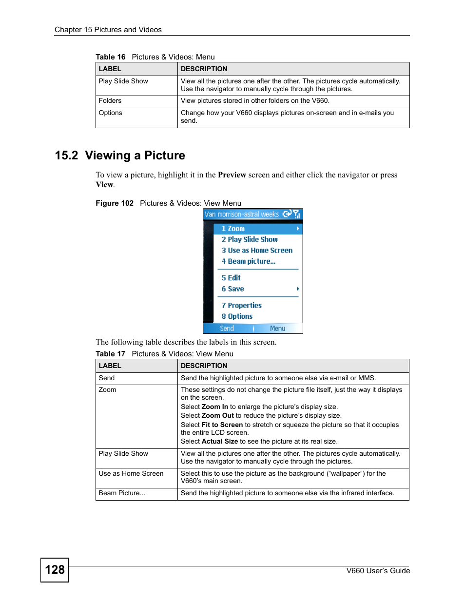 2 viewing a picture, Figure 102 pictures & videos: view menu, Table 17 pictures & videos: view menu | ZyXEL Communications V660 User Manual | Page 128 / 192