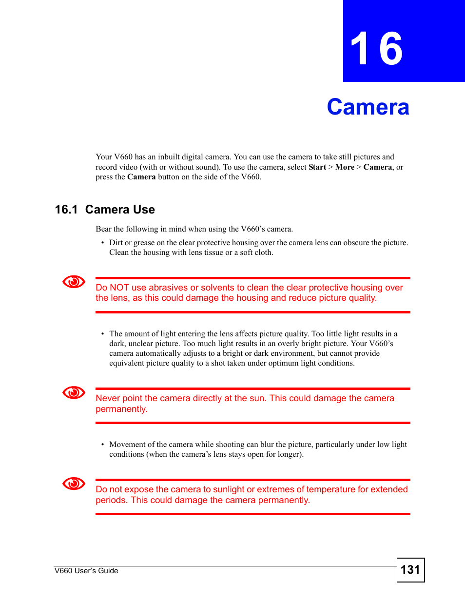 Camera, 1 camera use, Chapter 16 camera | ZyXEL Communications V660 User Manual | Page 131 / 192