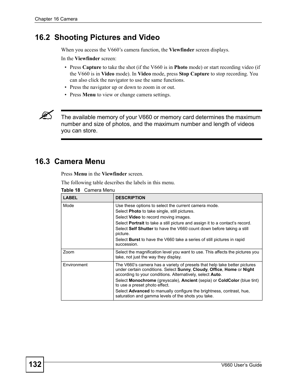 2 shooting pictures and video, 3 camera menu, 2 shooting pictures and video 16.3 camera menu | Table 18 camera menu | ZyXEL Communications V660 User Manual | Page 132 / 192