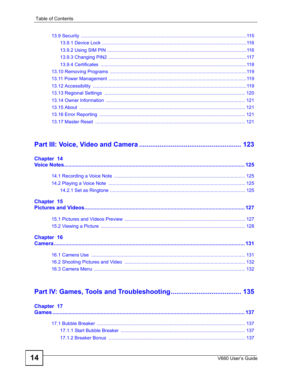 Part iii: voice, video and camera, Part iv: games, tools and troubleshooting | ZyXEL Communications V660 User Manual | Page 14 / 192