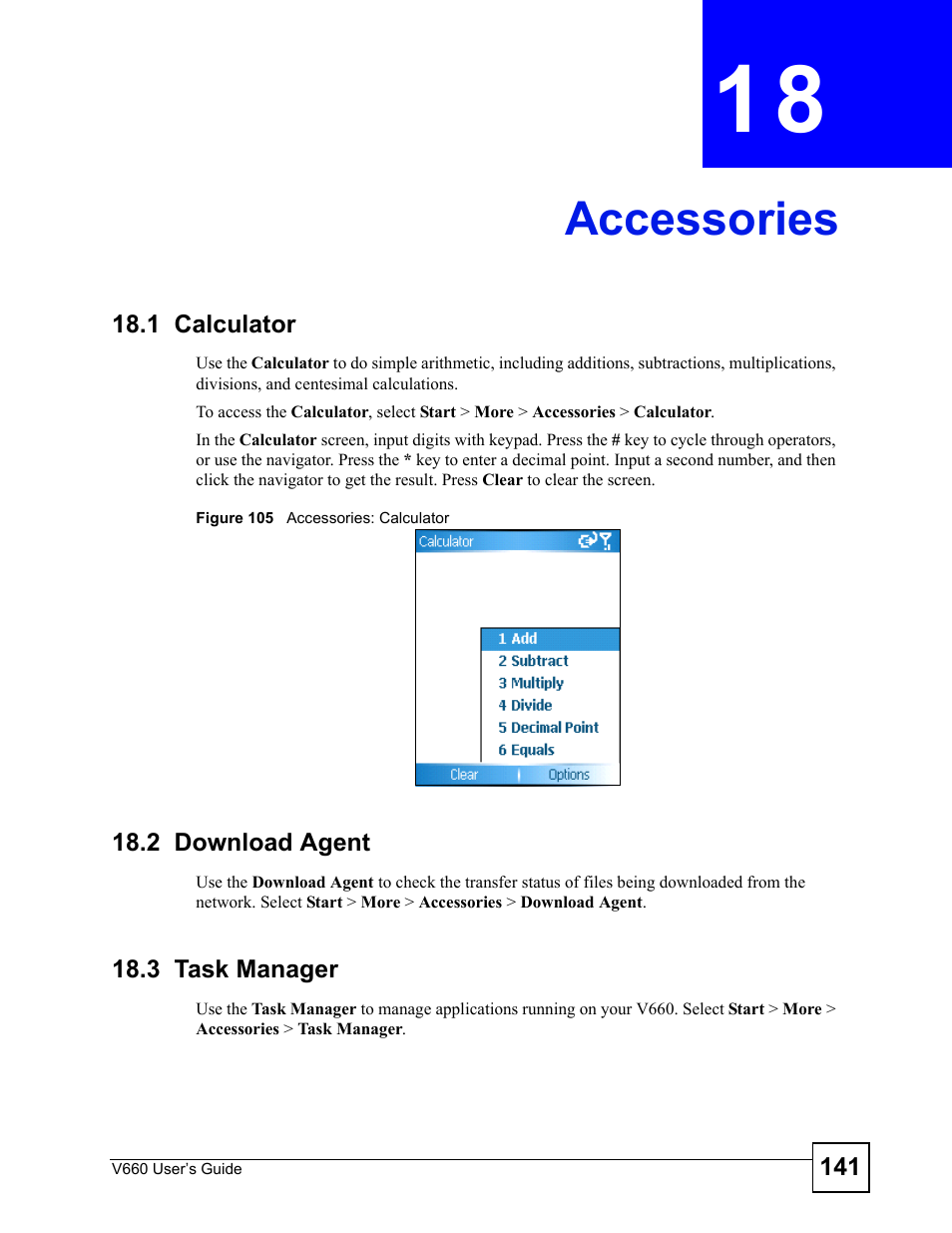 Accessories, 1 calculator, 2 download agent | 3 task manager, Chapter 18 accessories, 1 calculator 18.2 download agent 18.3 task manager, Figure 105 accessories: calculator, Accessories (141) | ZyXEL Communications V660 User Manual | Page 141 / 192