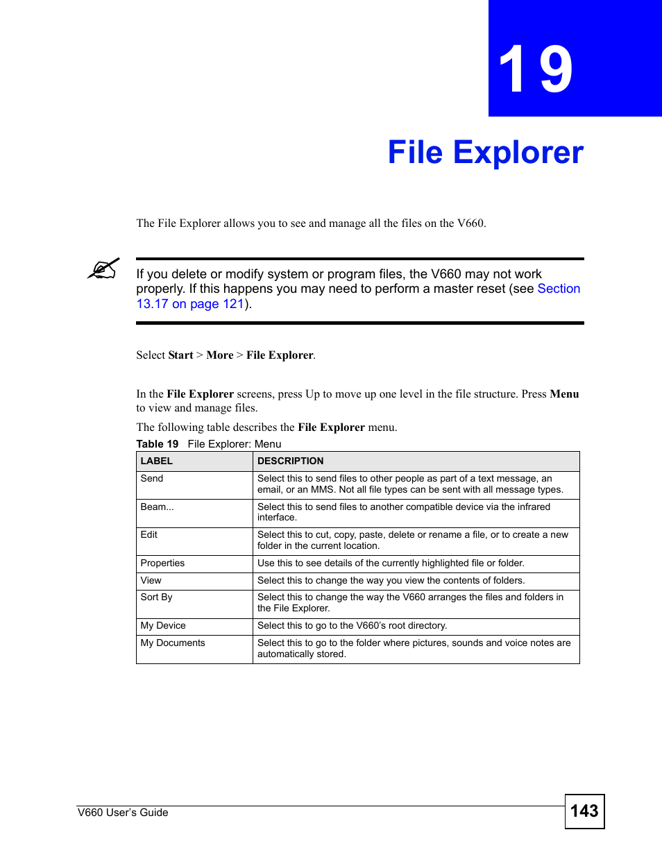 File explorer, Chapter 19 file explorer, Table 19 file explorer: menu | File explorer (143) | ZyXEL Communications V660 User Manual | Page 143 / 192