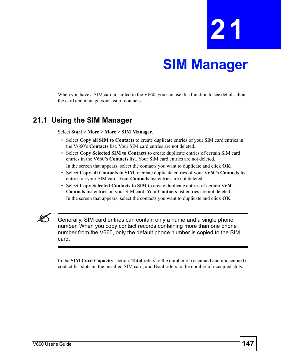 Sim manager, 1 using the sim manager, Chapter 21 sim manager | Sim manager (147) | ZyXEL Communications V660 User Manual | Page 147 / 192