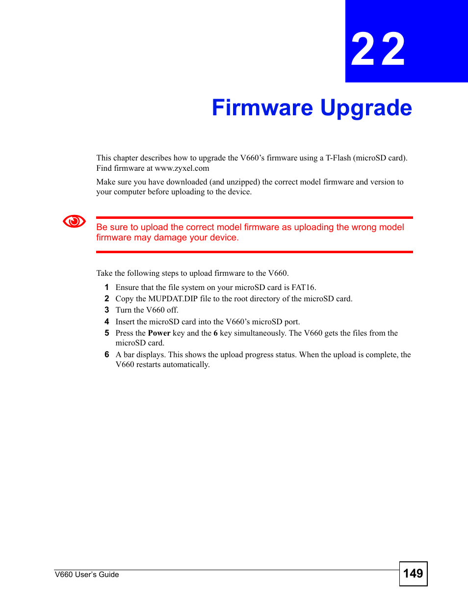 Firmware upgrade, Chapter 22 firmware upgrade, Firmware upgrade (149) | ZyXEL Communications V660 User Manual | Page 149 / 192