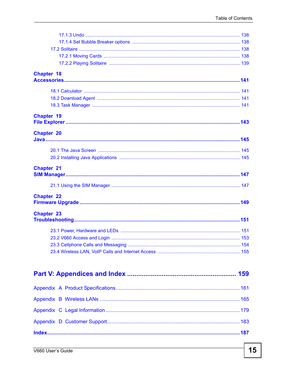 Part v: appendices and index | ZyXEL Communications V660 User Manual | Page 15 / 192