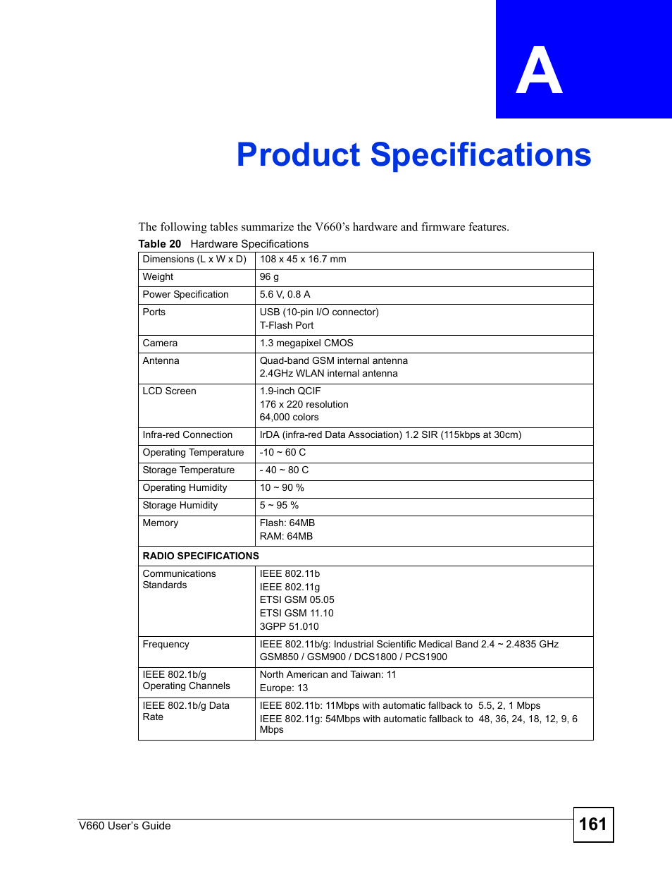 Product specifications, Appendix a product specifications, Table 20 hardware specifications | Product specifications (161) | ZyXEL Communications V660 User Manual | Page 161 / 192