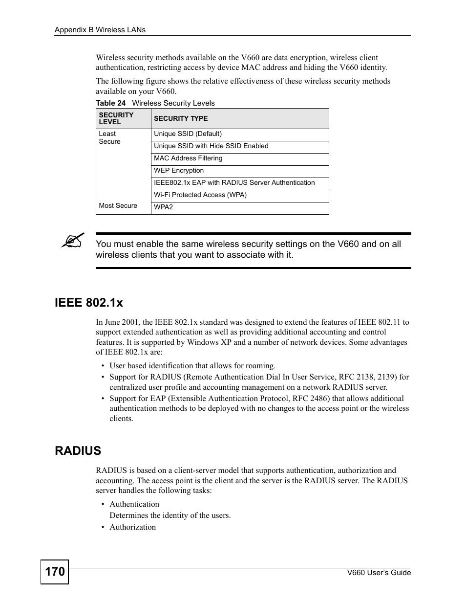 Table 24 wireless security levels, Ieee 802.1x, Radius | ZyXEL Communications V660 User Manual | Page 170 / 192