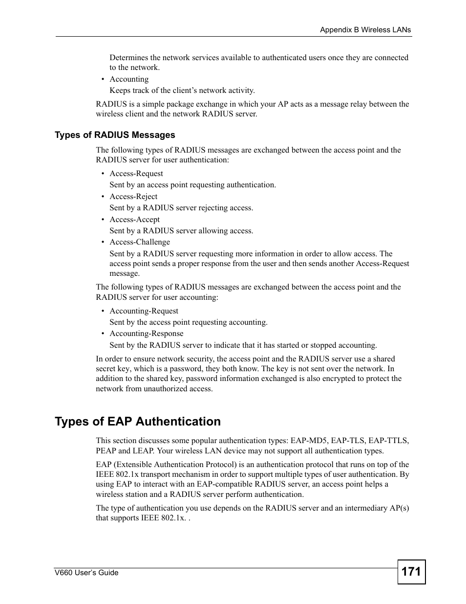 Types of eap authentication | ZyXEL Communications V660 User Manual | Page 171 / 192