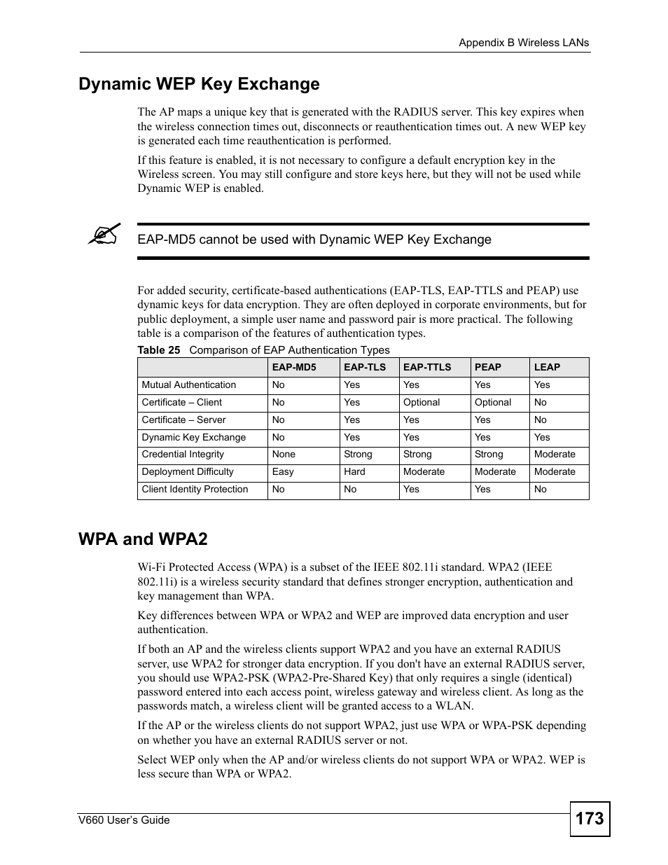 Table 25 comparison of eap authentication types, 173 dynamic wep key exchange, Wpa and wpa2 | ZyXEL Communications V660 User Manual | Page 173 / 192