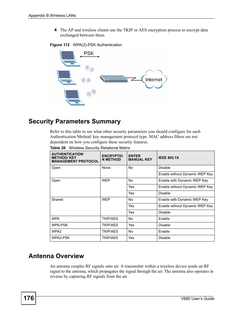 Figure 112 wpa(2)-psk authentication, Table 26 wireless security relational matrix, Security parameters summary | Antenna overview | ZyXEL Communications V660 User Manual | Page 176 / 192